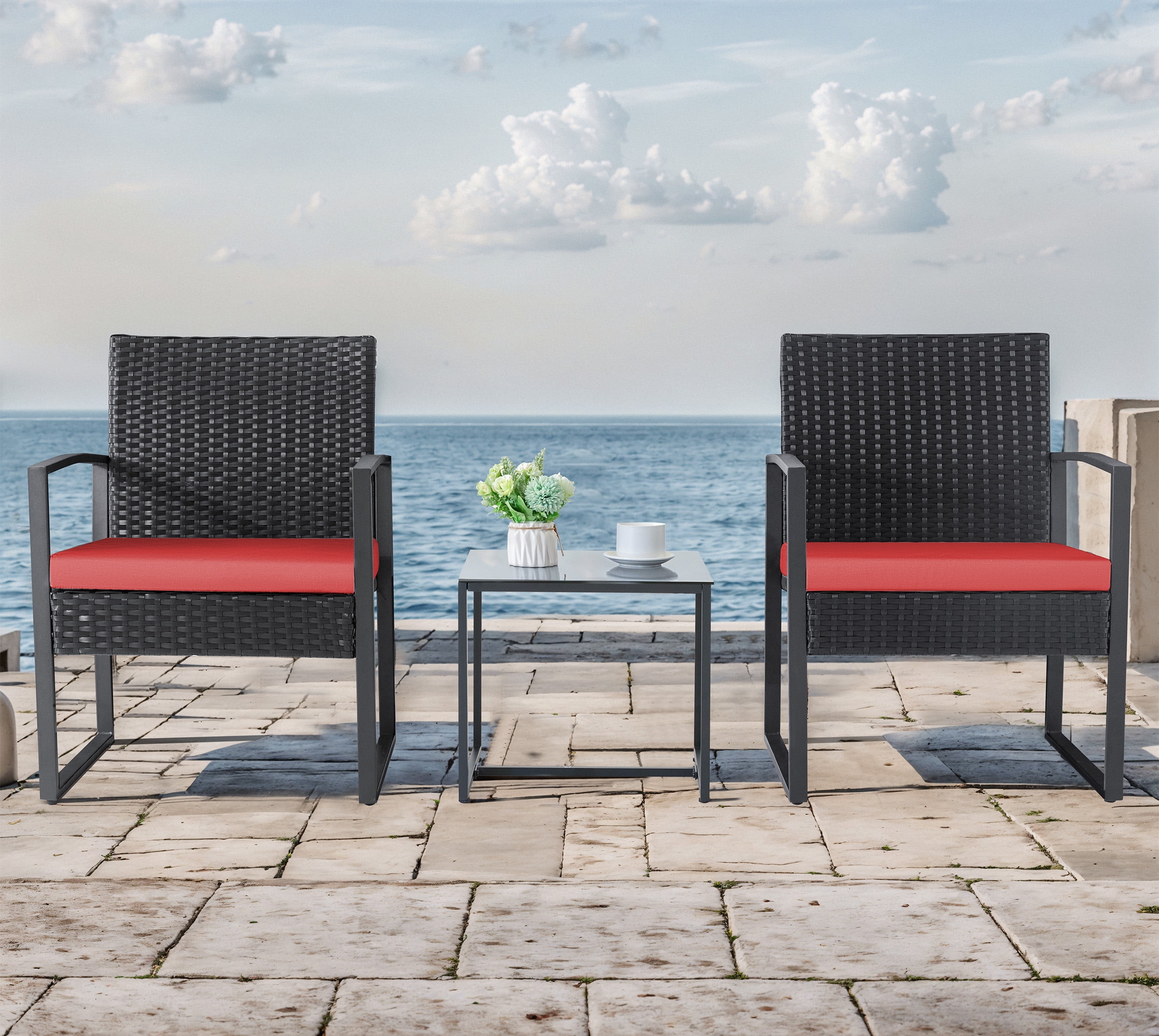 Homall 3-Piece Casual Bistro Set with Wicker Chairs and Coffee Table for Patio Furniture, Black/Red