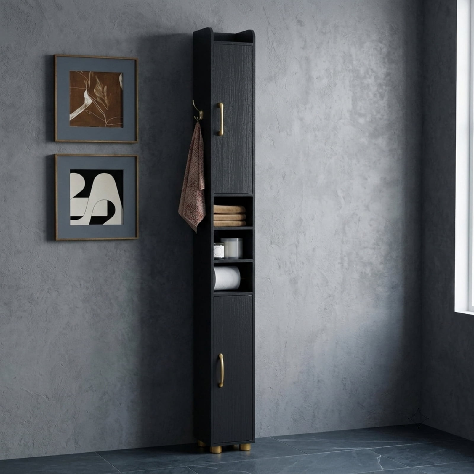 Vebreda Narrow Bathroom Storage Cabinet, Tall Slim Freestanding Cabinet with 2 Closed Cabinets, Open Shelves and Toilet Paper Holder, Adjustable Shelves and Hook, Black
