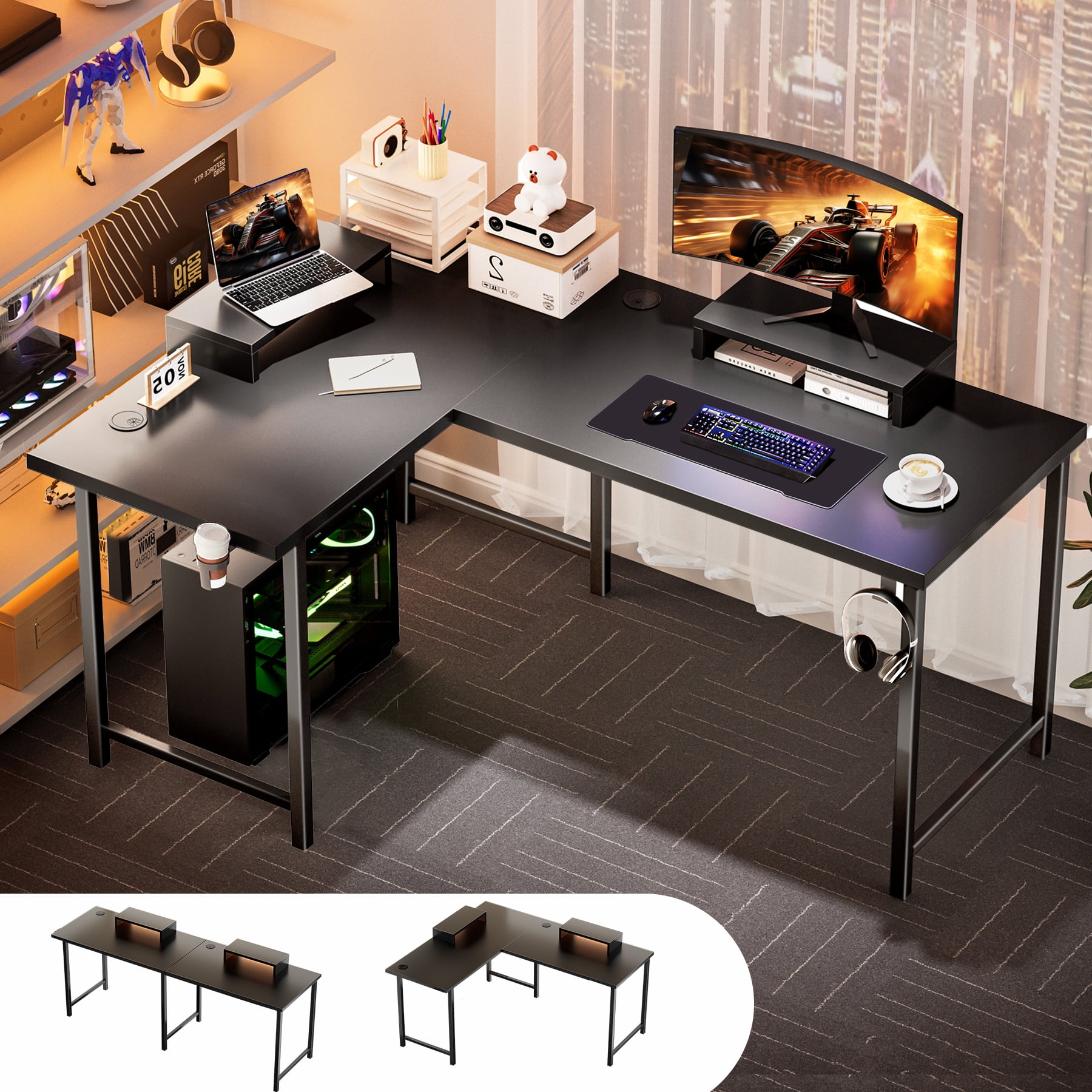 GTPLAYER  L-Shaped Gaming  Computer Desk ,62.2“ Gaming Table inch PC Writing Study Desk with Movable Monitor Stands for Home Office, Black