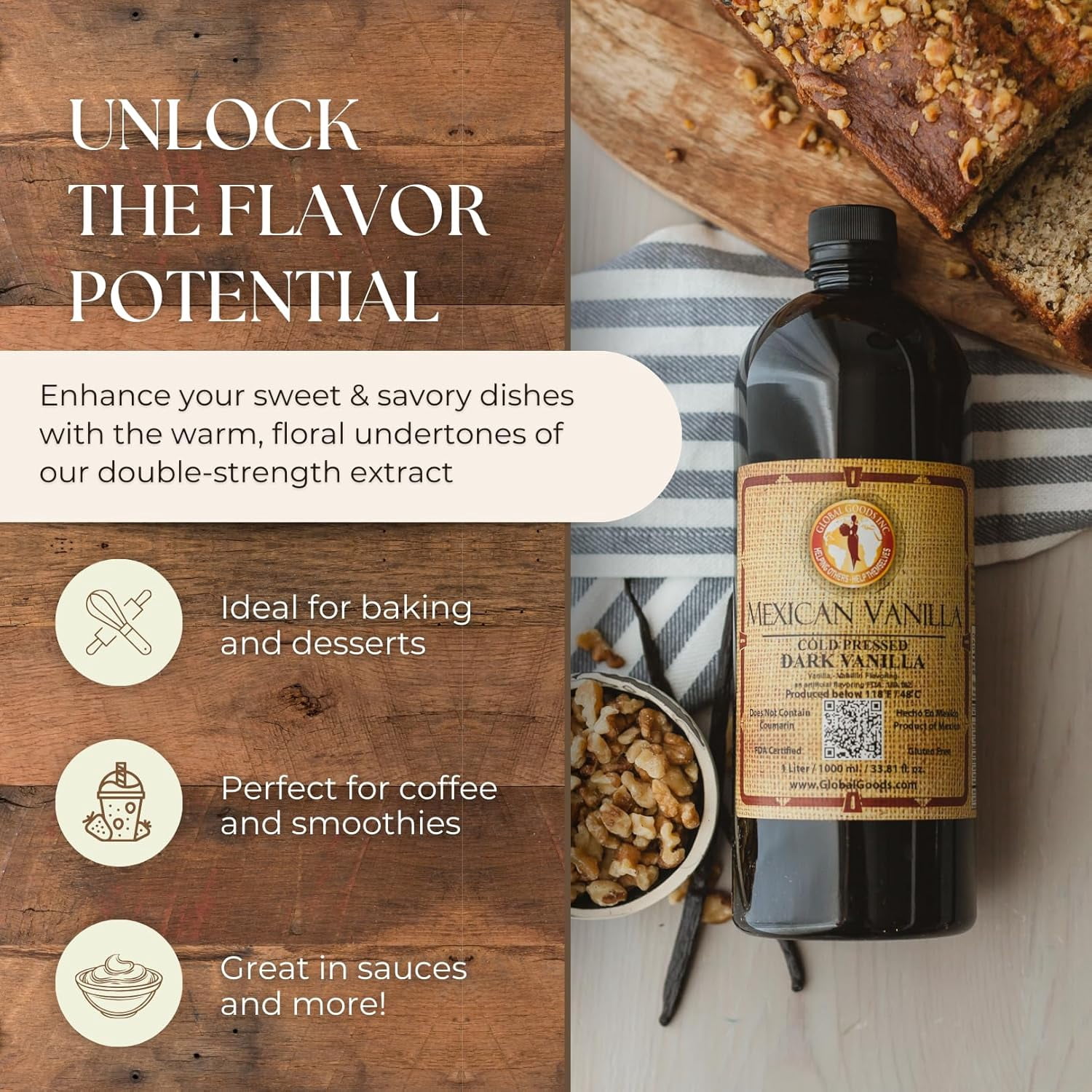 Pure Dark Mexican Vanilla Extract Gluten Free Vanilla for Baking Cakes, Cookies, Desserts, Coffee & Beverages Natural, Bold Flavour 33.81 fl oz bottle