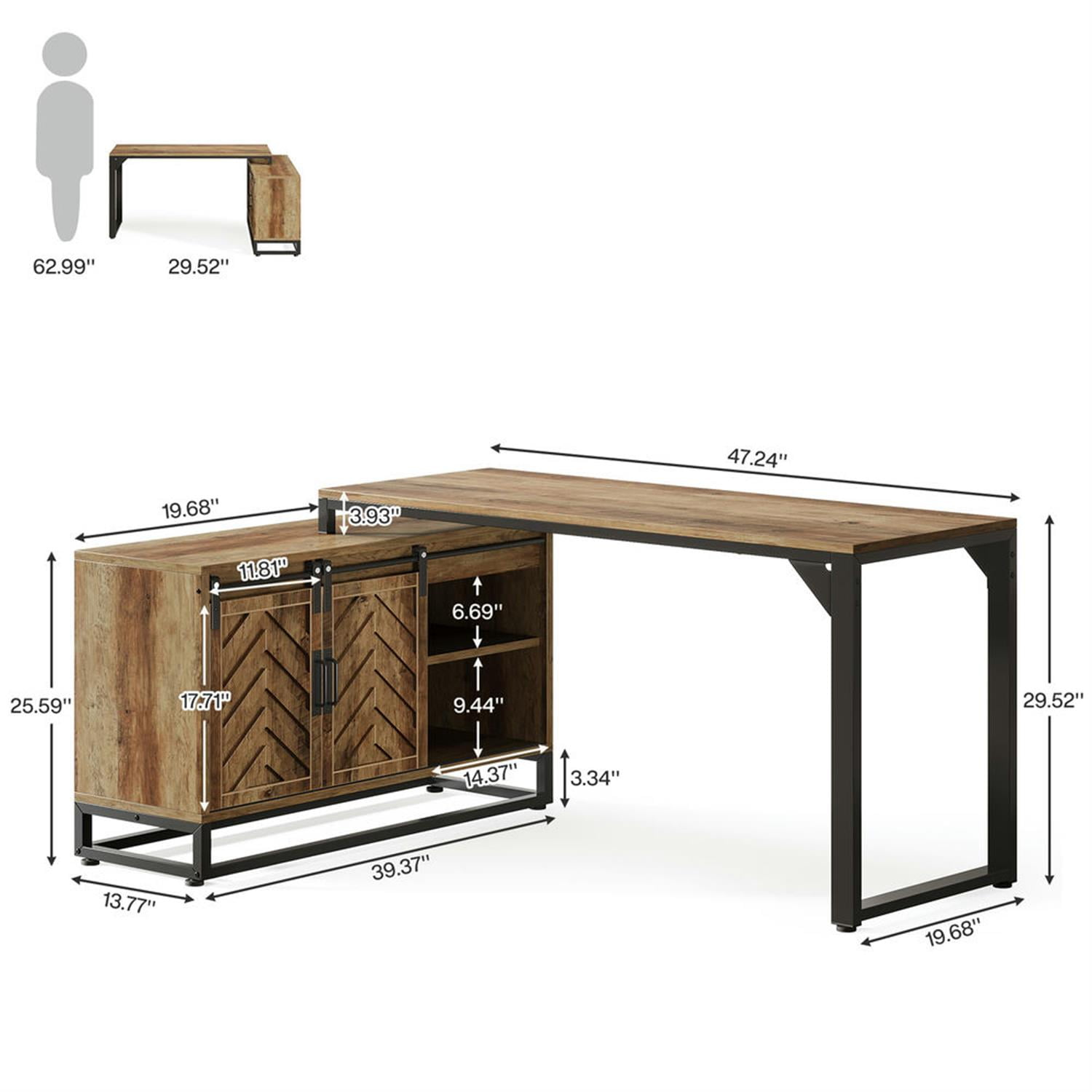 Demi Bonn Farmhouse L Shaped Gaming Computer Desk, 53" Corner Executive Desk with Storage Cabinet for Home Office, Brown