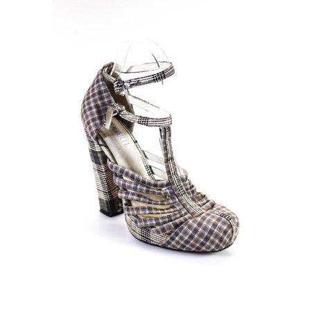 

Pre-owned|Rodarte Womens Plaid Strappy Platform Block Heel Shoes Gray Size 9
