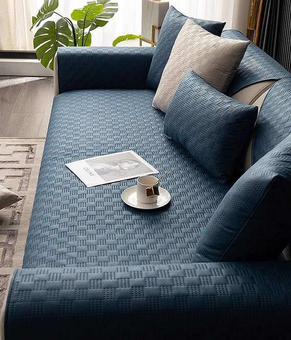 Namzi Luxury Water Resistant Quilted Sofa Cover Faux Suede Plaid Sectional Couch Cover Anti-Slip Sofa Slipcover for Dogs, Children, Pets Furniture Protector (Dark Blue,36"x70")