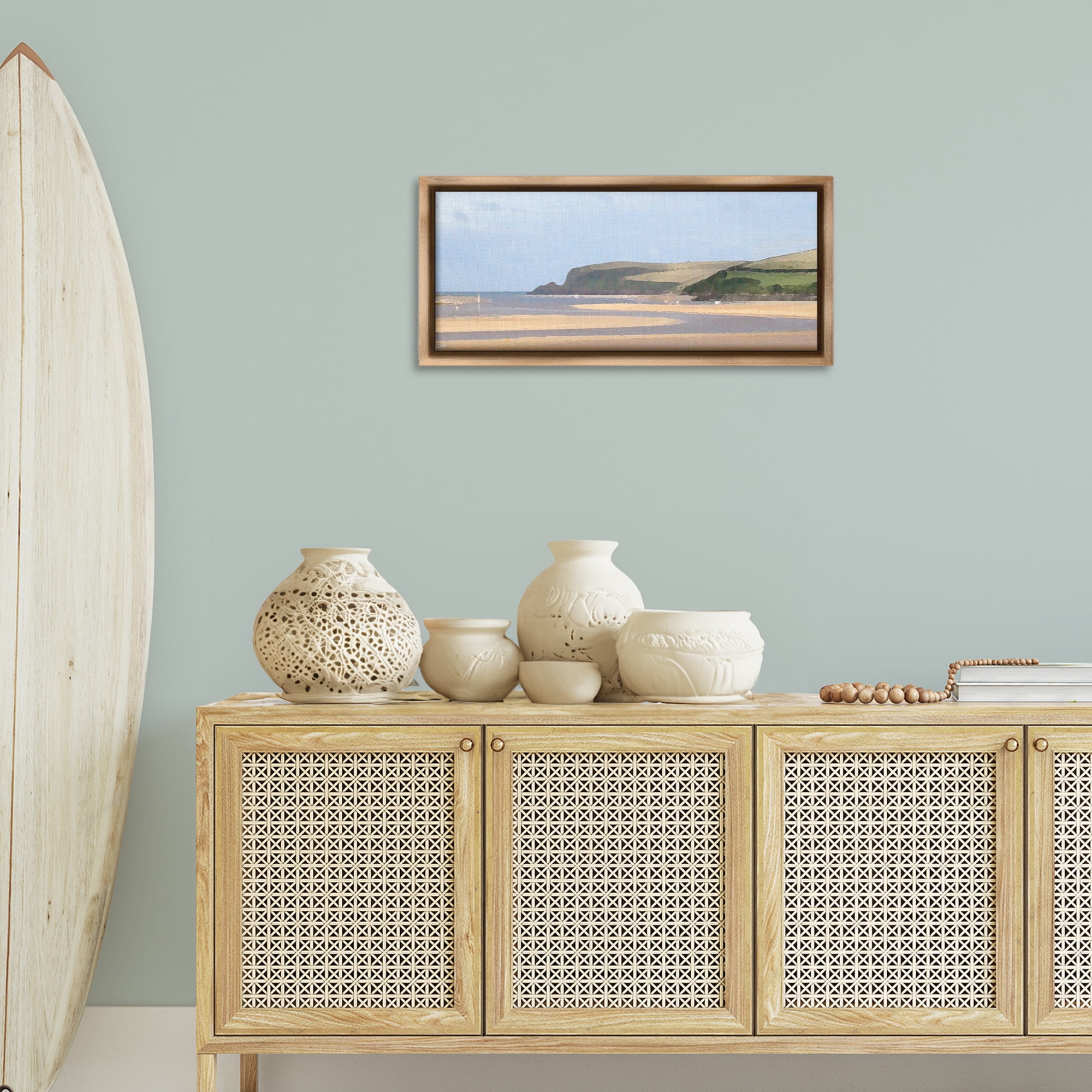 Stupell Industries Sunlit Sands Beach Landscape Painting Brown Floater Framed Canvas Art Print Wall Art, 31 x 14