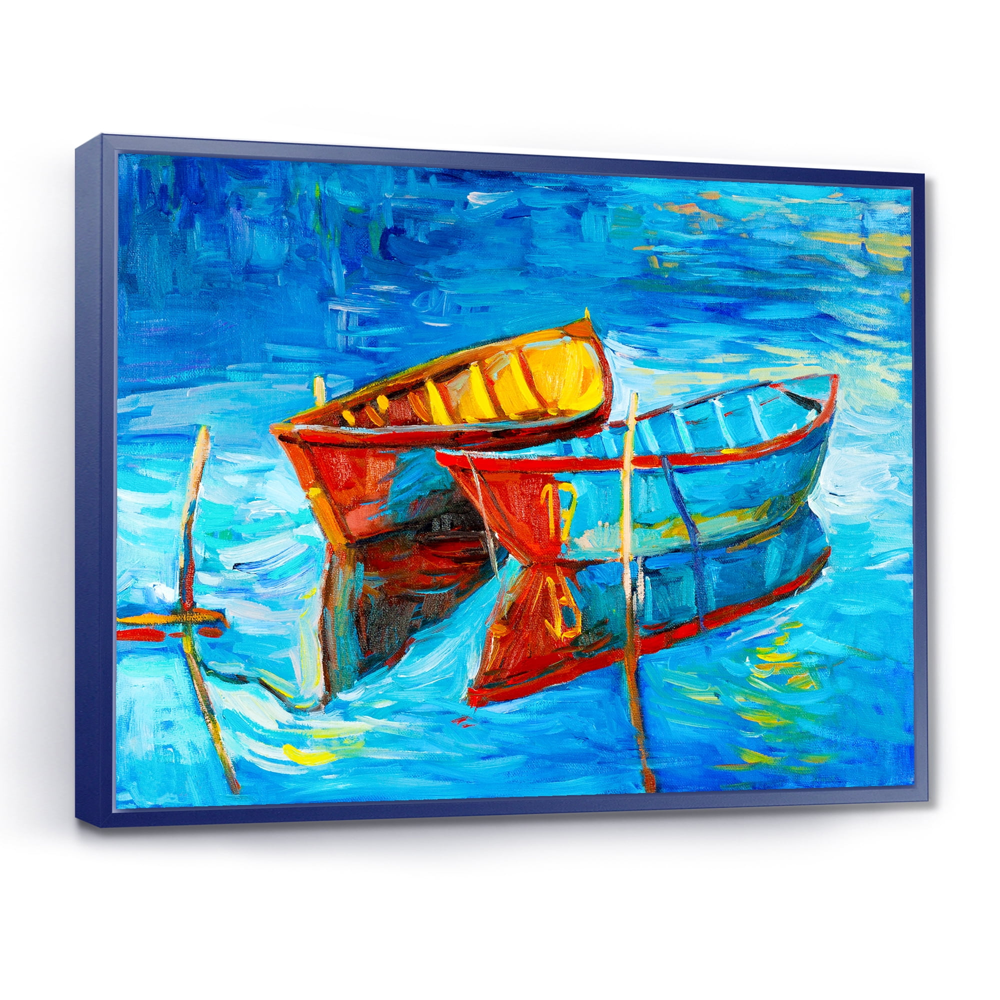 Boat At The Lake During Evening Glow III 32 in x 16 in Framed Painting Canvas Art Print, by Designart
