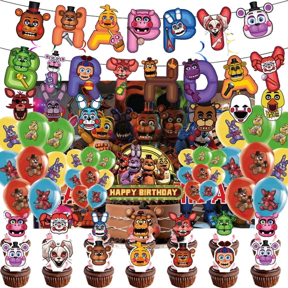 Freddy's Birthday Party Decorations, 5 Nights Decorations include Banner,Tablecloth,Hanging Swirls, Cake Toppers, Balloons for Kids Baby Shower Birthday Party Supplies