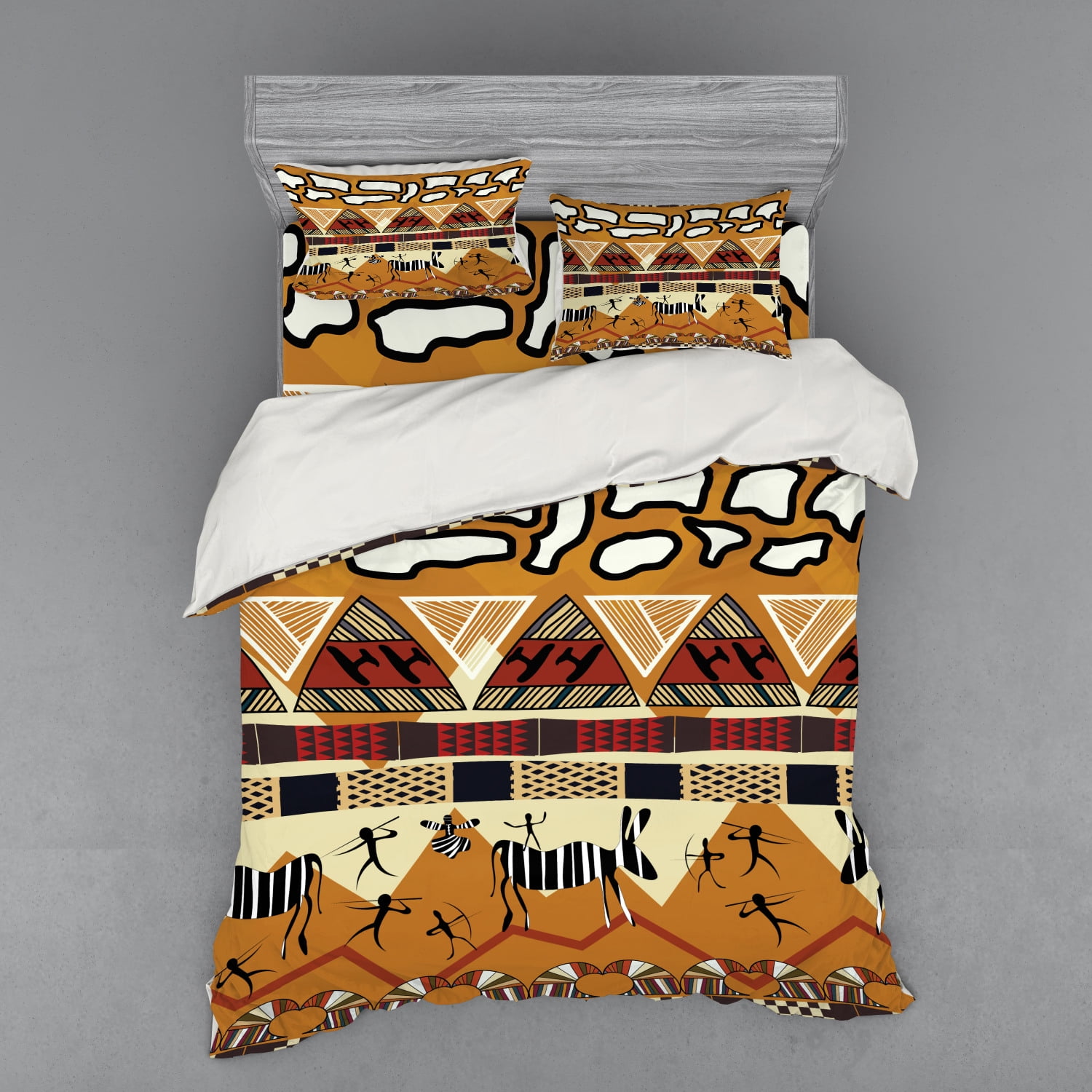 Ethnic Duvet Cover Set, Style Hunting Zebra Illustration Prehistoric