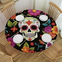 BANET Funny Sugar Skull Tablecloth, Day of The Dead Mexico Floral Print Round Table Cloth for Kitchen Dining Room Halloween Party, Black Green, Round 31"-35