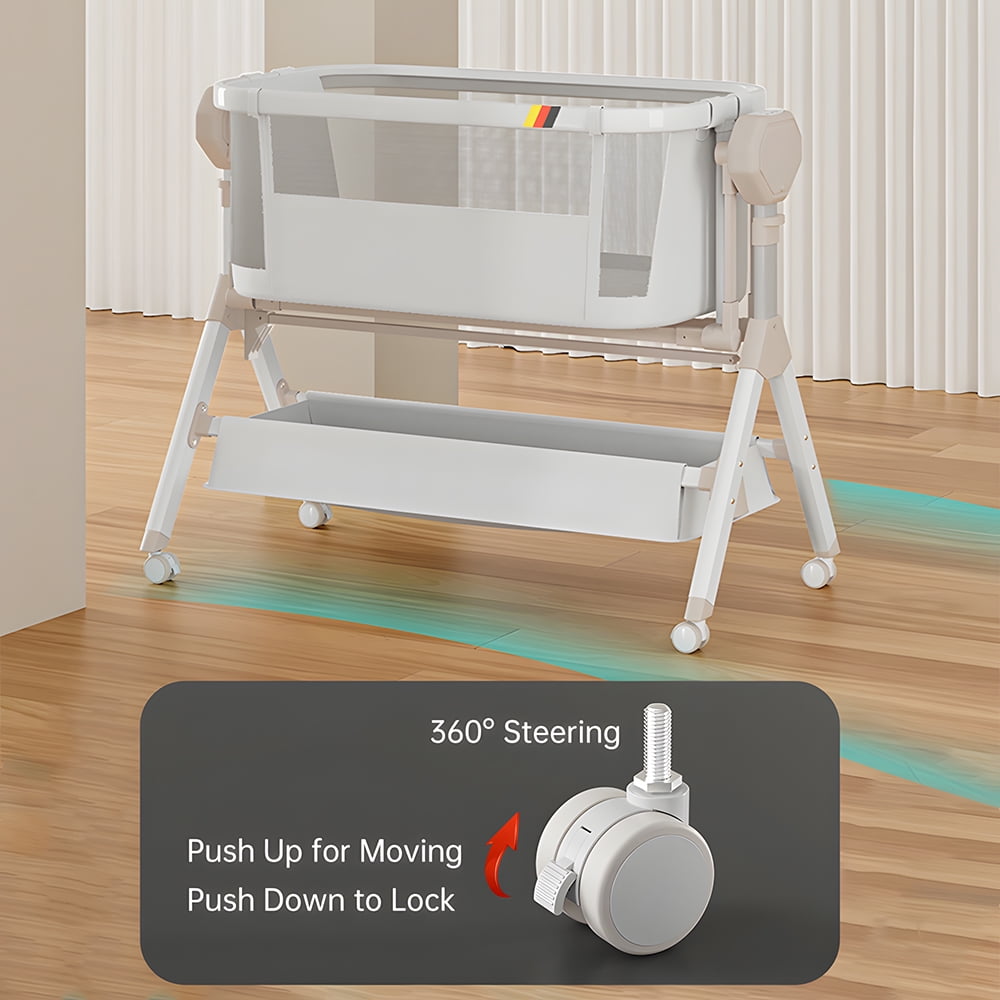 SteAnny Bassinet,Electric Rocking Bassinet,Bedside Co-Sleeper,Unisex Baby Travel Bed with Wheels(Khaki)