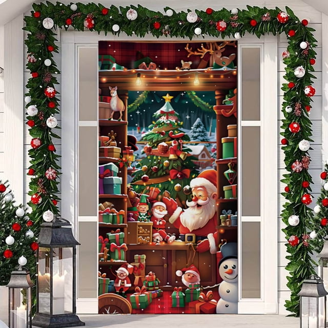 Decoración navideña para puerta de entrada, tela colgante, cubierta navideña para puerta, fondo fotográfico, decoración navideña, letrero para baño, porche, pancarta, suministros de Año Nuevo