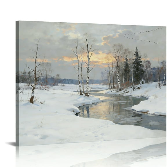 Hidden Frame Canvas Wall Art - Winter Snow Stream Oil Painting Decor Serene Ambience-Style Popular Wall Decor for Living Room 16x12in