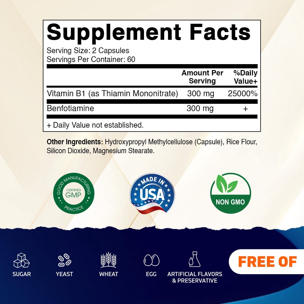 (2 pack) Vitamatic Benfotiamine 300mg + Vitamin B1 300 mg - 120 Vegetable Capsules - Made in The USA - Gluten Free - Non-GMO
