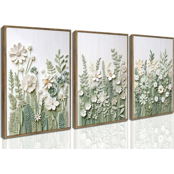3 Pcs Sage Green Wildflowers Canvas Wall Art Neutral Minimalist Abstract Boho Floral Botanical Painting Pictures Wall Decor Poster Print Artwork for Living Room Bedroom Home Decoration