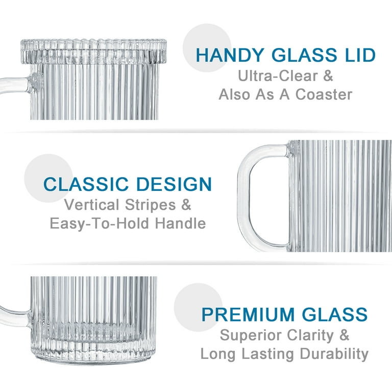 Lysenn Clear Glass Coffee Mug - Classic Vertical Stripes Tea  Mug - Elegant Coffee Cup with Glass Lid for Latte, Espresso - Lovely Gift  for Christmas, Anniversary and Birthday 