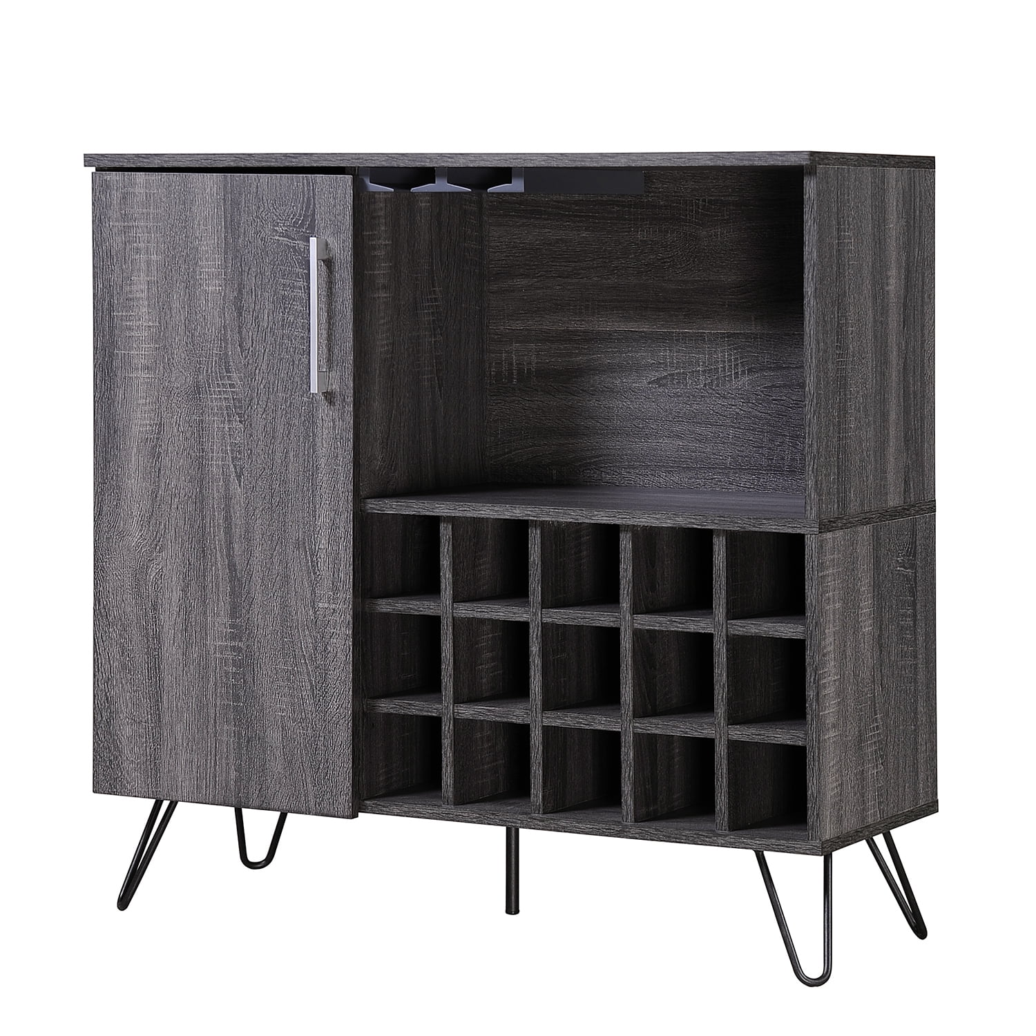 Kadyn Modern Wine Rack Bar Cabinet, Fiberboard Wine Storage Cabinet for Home Bar, Mid Century Wine Cabinet with Cupboard, Plaid Grey Oak