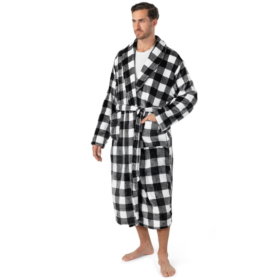 PAVILIA Mens Fleece Robe Warm Long Bathrobe for Men Bath, Plaid White Black