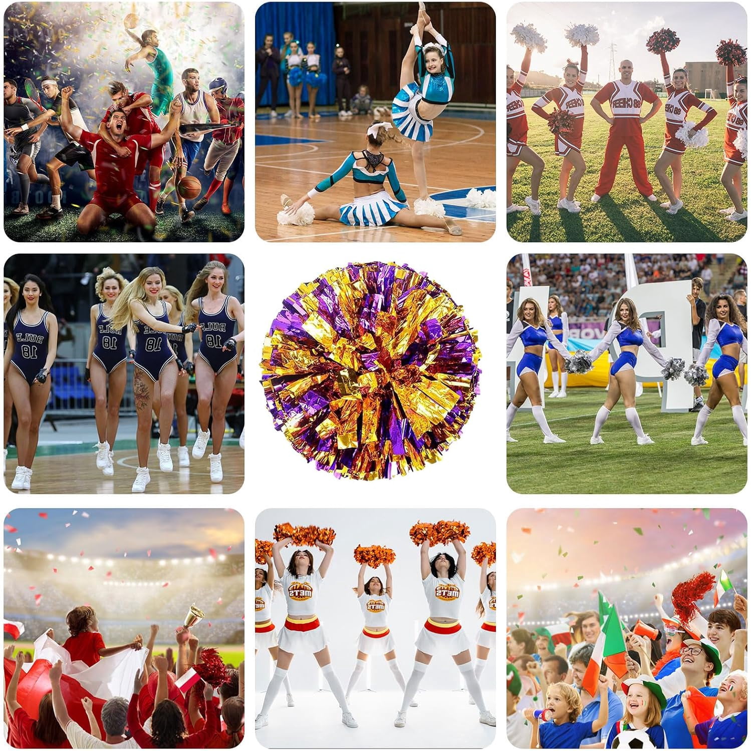 Cheerleader Pom Poms 12 Pack Sports Dance Cheering Plastic Metallic Cheerleading Pom Poms for Kids Adults-Ring Style