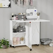 BHAODEAL Folding Dining Table with 6 Wheels, Drop Leaf Tables for Small Spaces, Foldable Dining Table with 2-Layer Storage Rack, Kitchen Table with Drawer (White Marble and Black)
