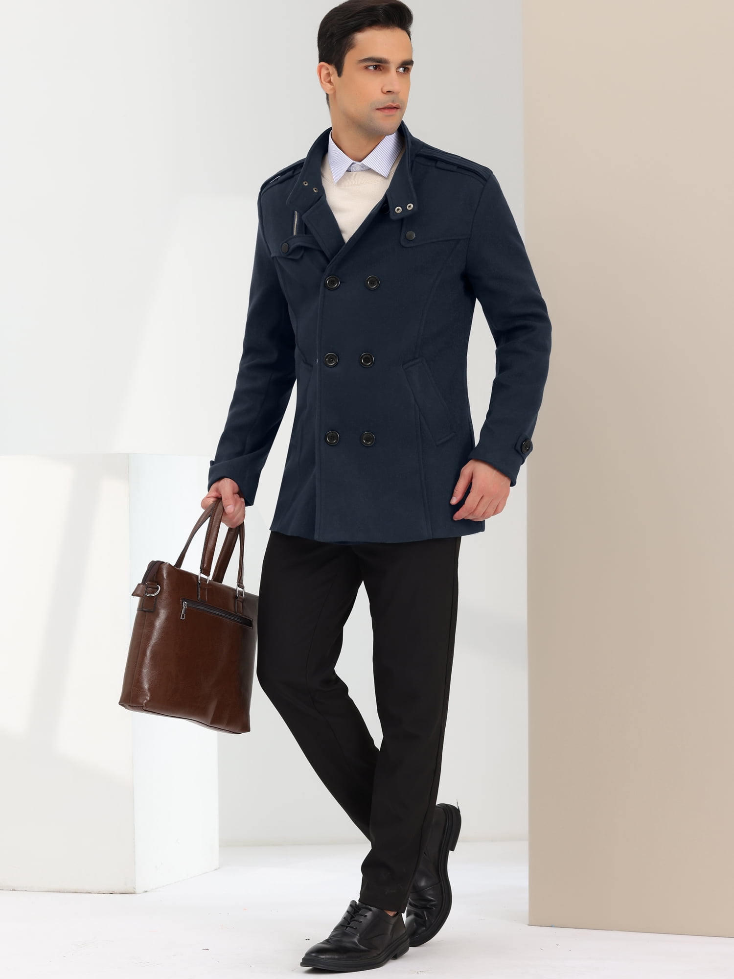 Unique Bargains Men's Winter Coat Stand Collar Double Breasted Pea Coats M Navy Blue