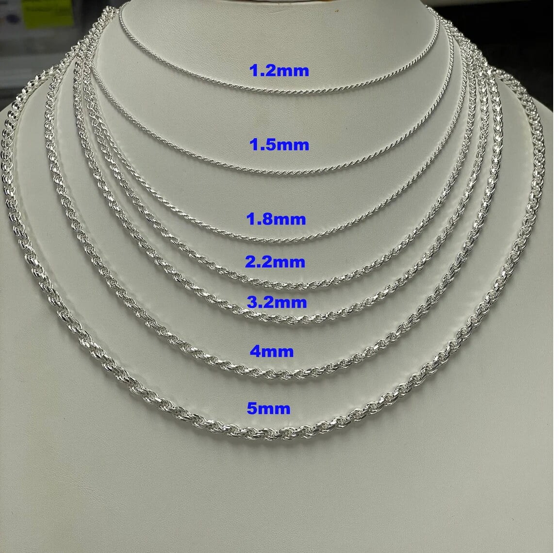 925 Sterling Silver Rope Chain Necklace Italy 1.2mm 1.5mm 1.8mm 2.2mm 2.7mm 3.2mm 4mm 5mm, Lobster Clasp, New, Gift, Men, Woman