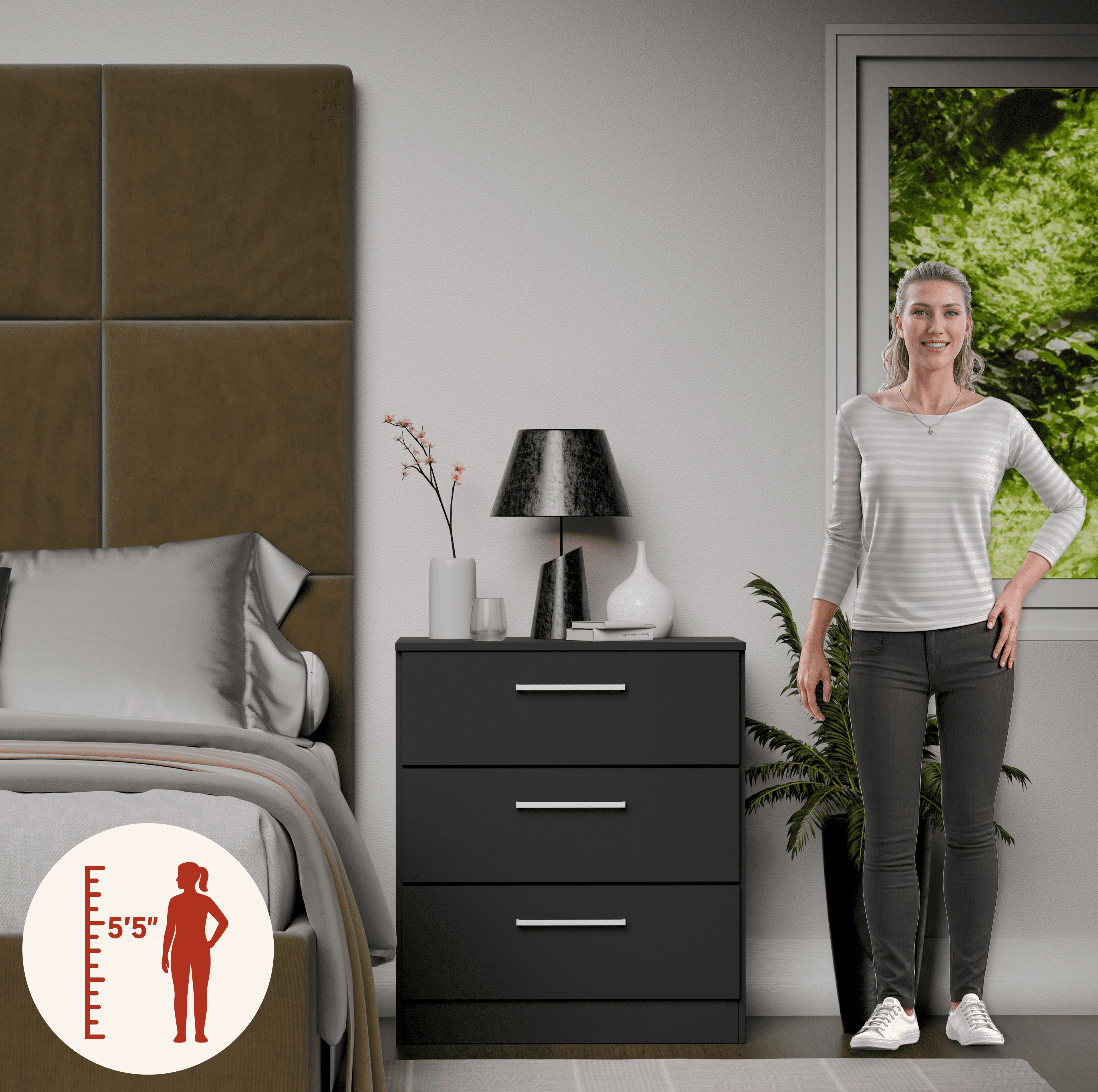 Kappesberg Jolyne 3-Drawer Vertical Dresser, Modern Black Bedroom Storage - for Adults and Teens