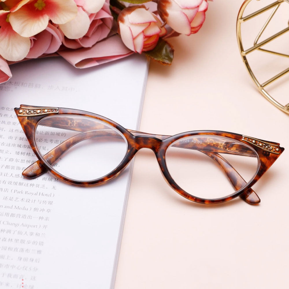 4 Pairs of Women Cat Eyes Reading Glasses Ladies Readers Spring Hinge Butterfly Trendy Plastic HD Diamond Presbyopia Glasses +3.00