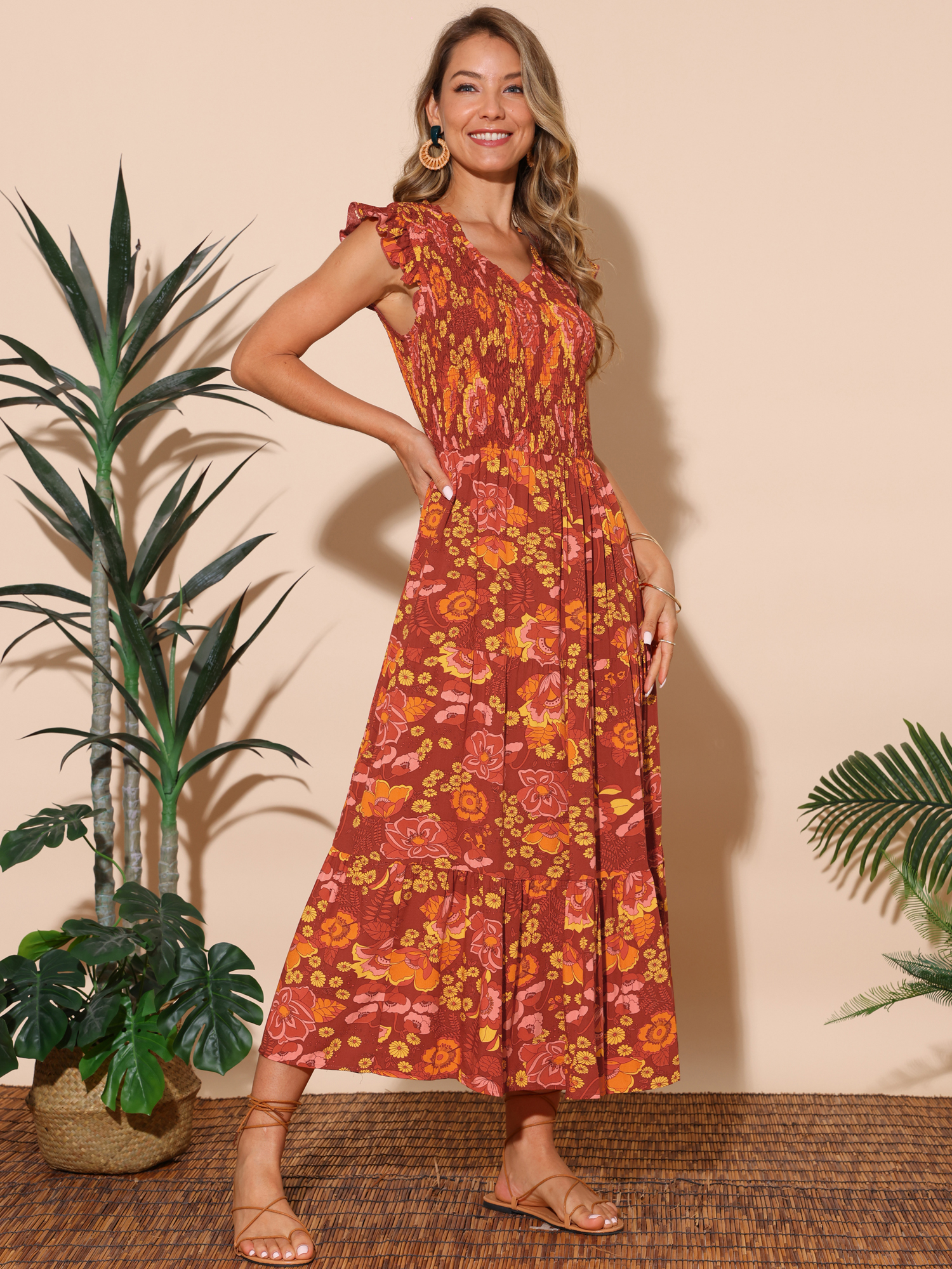 DARING DIVA V Neck Smocked Ruffle Tiered Maxi Dress S Brick Red