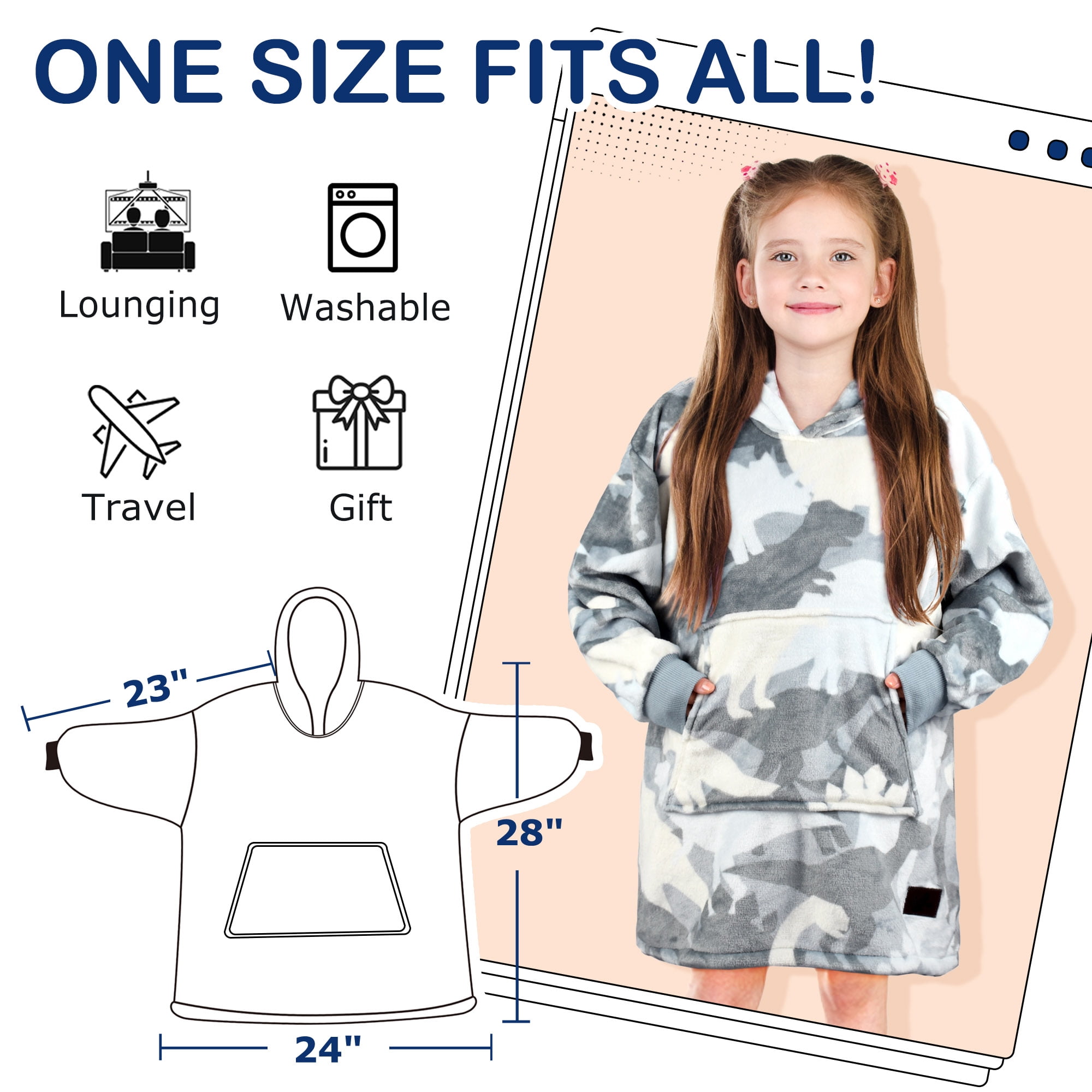 Catalonia Wearable Blanket Hoodie for Kids Oversized Sweatshirt Blanket With Pocket 6-10 Year Old Girl & Boy Cute Hoodies Gift, 28 × 25 inches