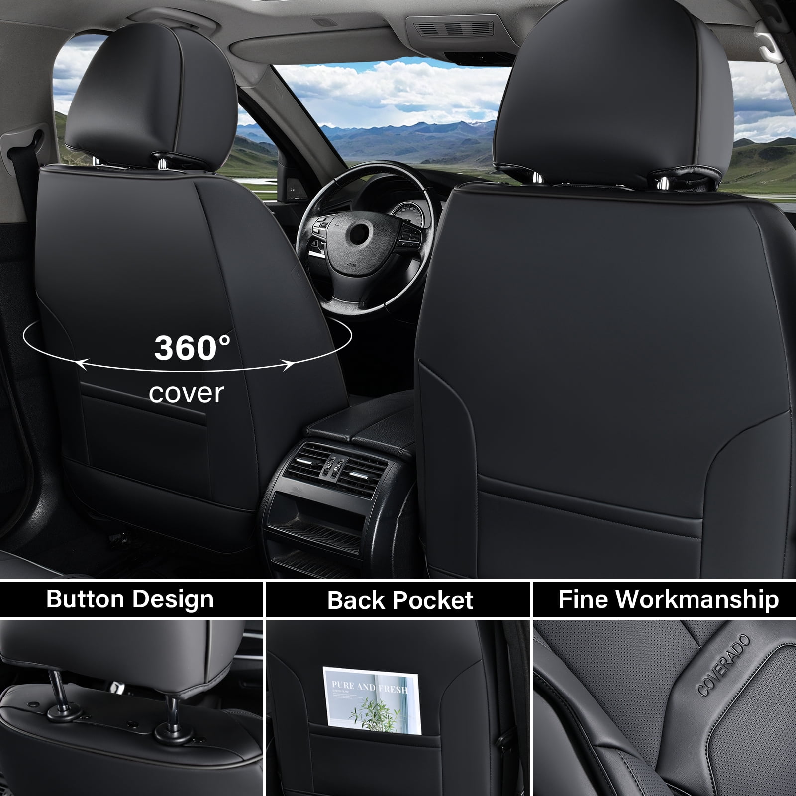 Coverado Car Seat Covers Full Set, Premium Leather Seat Protectors with Lumbar Support, Waterproof Auto Cushions Universal Fit for Most Cars, Black