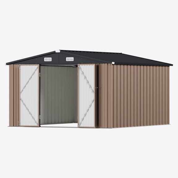 YardCache 10x12FT Outdoor Metal Storage Shed, Brown Galvanized Steel Utility Tool Shed with Double Doors, Sloped Roof & Ventilation Windows for Backyard Garden Patio