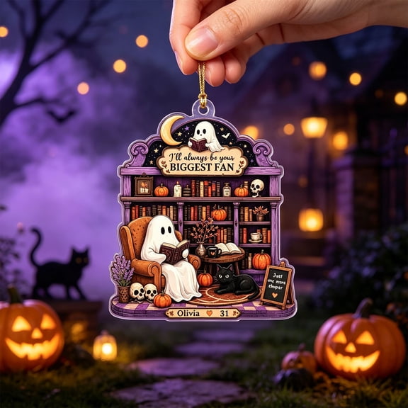 Qiulaii Personalized Ghost Reading Acrylic Ornament Spooky Lover Hanging Pendant Custom Name Gift for Halloween Christmas Tree Home Decor, (A)