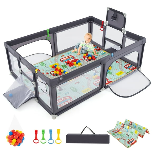 Gymax Large Baby Playpen w/ Mat Baby Play Yard w/ Basketball Hoop Soccer Nets