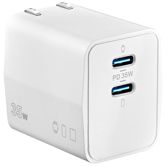 Insignia 35W Foldable Compact Dual USB-C Port Wall Travel Charger 100V to 240V AC for iPhone, iPad, MacBook Air, Samsung Smartphones, Tablets and More - White
