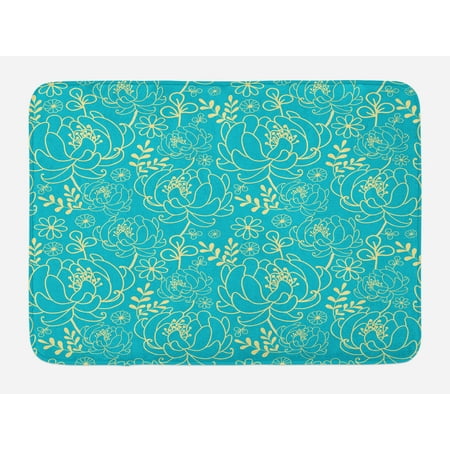 Essence Slip - Yellow and Blue Bath Mat, Classic Floral Twig Leaves Blooms Petals Essence Flowers Design, Non-Slip Plush Mat Bathroom Kitchen Laundry Room Decor, 29.5 X 17.5 Inches, Turquoise Pale Yellow, Ambesonne