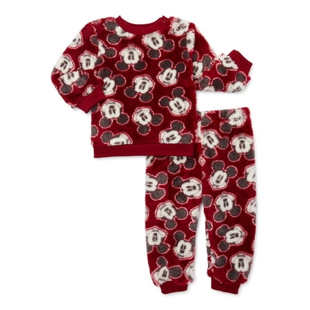 Disney Mickey Mouse Baby Boys Long Sleeve Top and Pants Faux Sherpa Set, 2-Piece, Sizes 0/3-24 Months