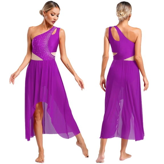 TiaoBug Lyrical Dance Costumes for Women Contemporary Dancewear One Shoulder Low Flowy Mesh Dress Purple L