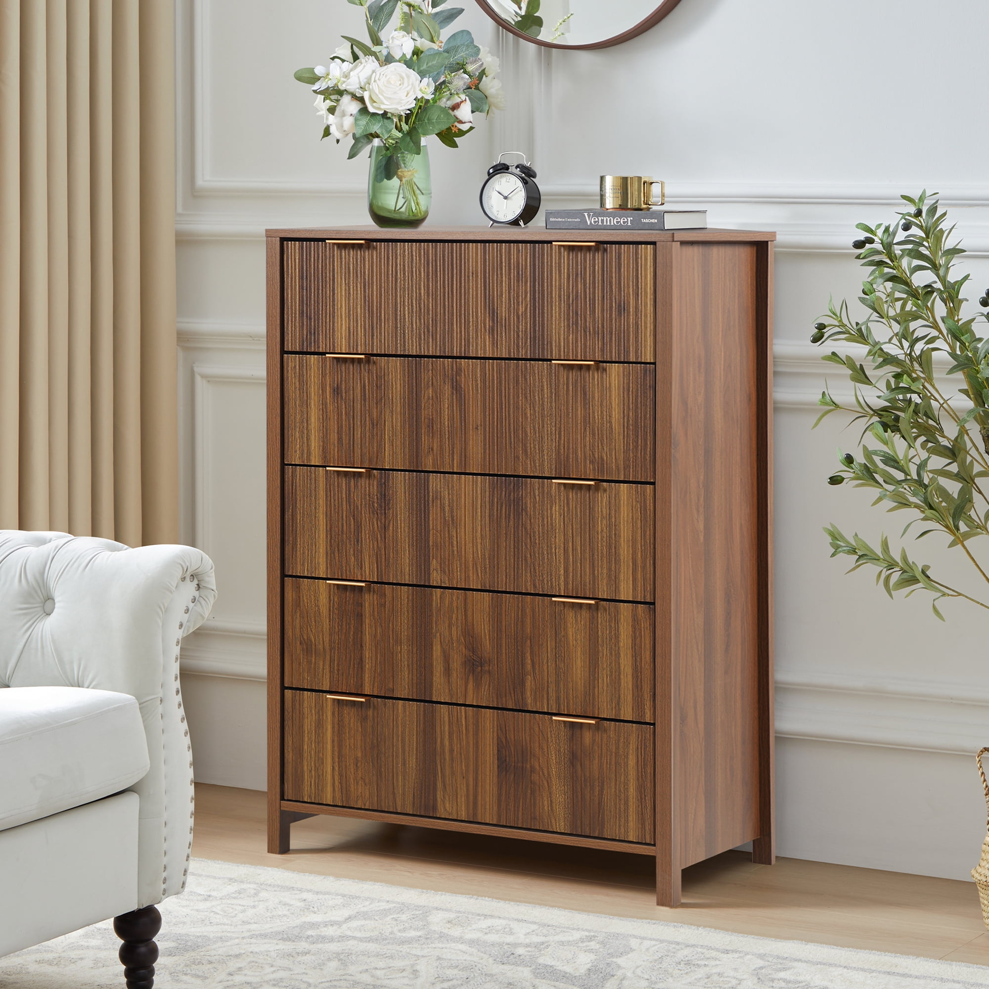 Weselon 5 Drawer Fluted Dresser for Bedroom, Modern Closet Chest of Drawers with Waveform Panel, Wood Storage Dresser Organizer, Walnut