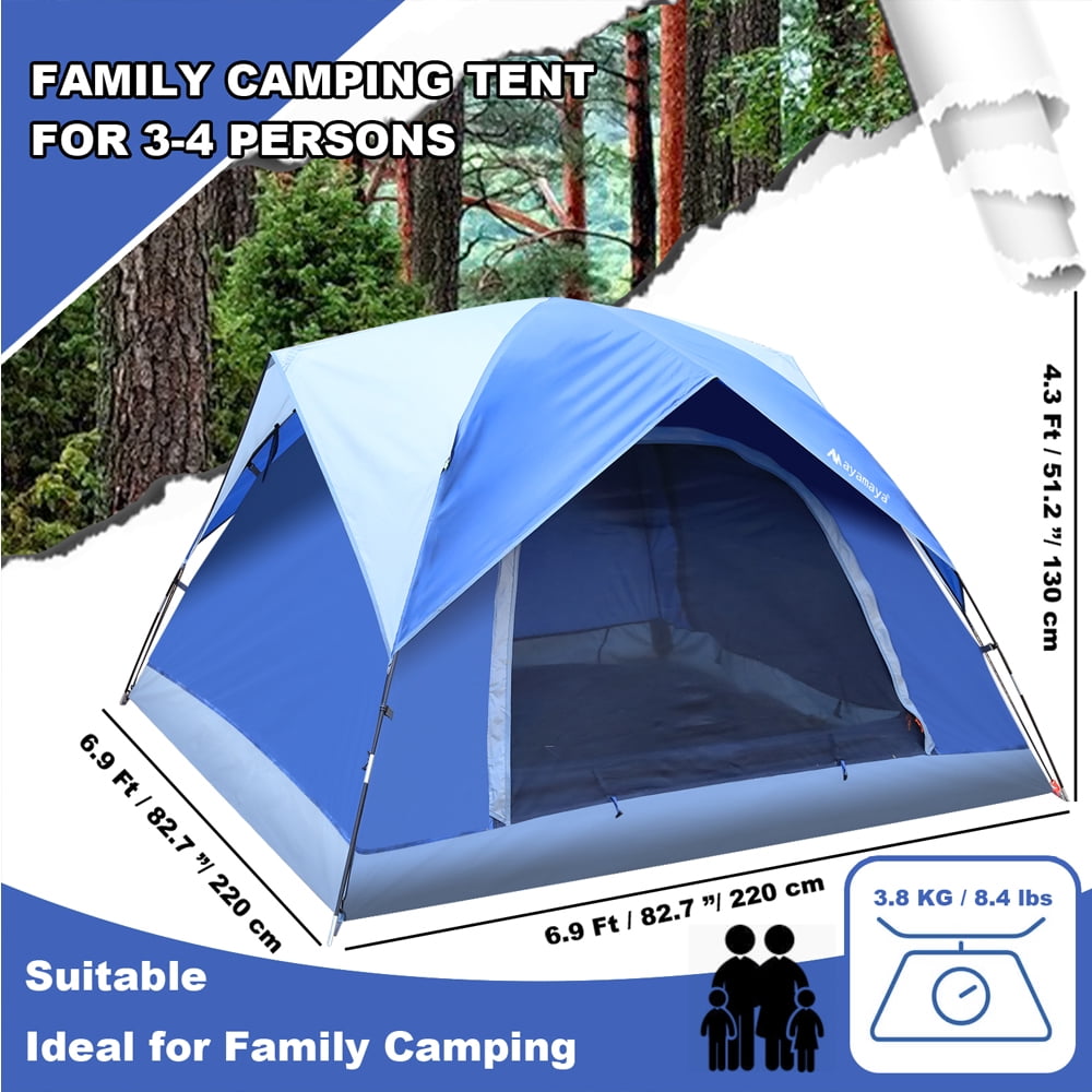 AYAMAYA 4 Person Camping Tent, Outdoor Dome Tents with Double Mesh Door & Removable Rainfly, Windproof & Waterproof Easy Setup, Lightweight Tentsfor Backpacking,Hiking-Blue