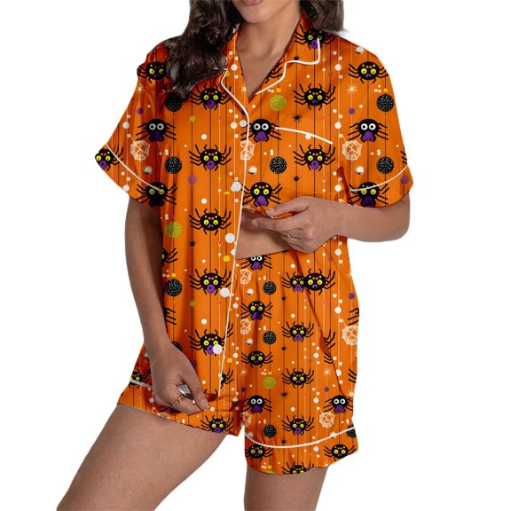 Womens Outfits Halloween Pumpkin Lapel Short Sleeve Buttoned Pocketed Lightweight Top And Shorts 2 Piece At Home Wear Women's Clothing Sets L