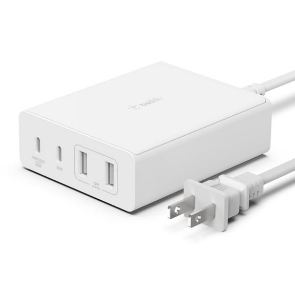 Belkin 108W 4-Port GaN Charger, Multi-Port Desktop Charger Block w/ USB-C PD Fast Charge & USB-A Ports for Apple MacBook, iPhone 16, Samsung Galaxy S25, Google Pixel, Nintendo Switch 2 & More - White