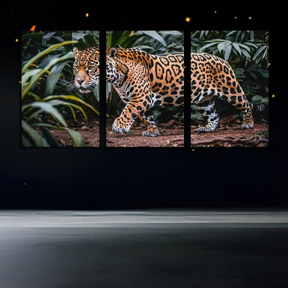 3-Piece Frameless Canvas Wall Art of Jaguar, 12x 18inch Wild Animal Decoration for Living Room and Bedroom