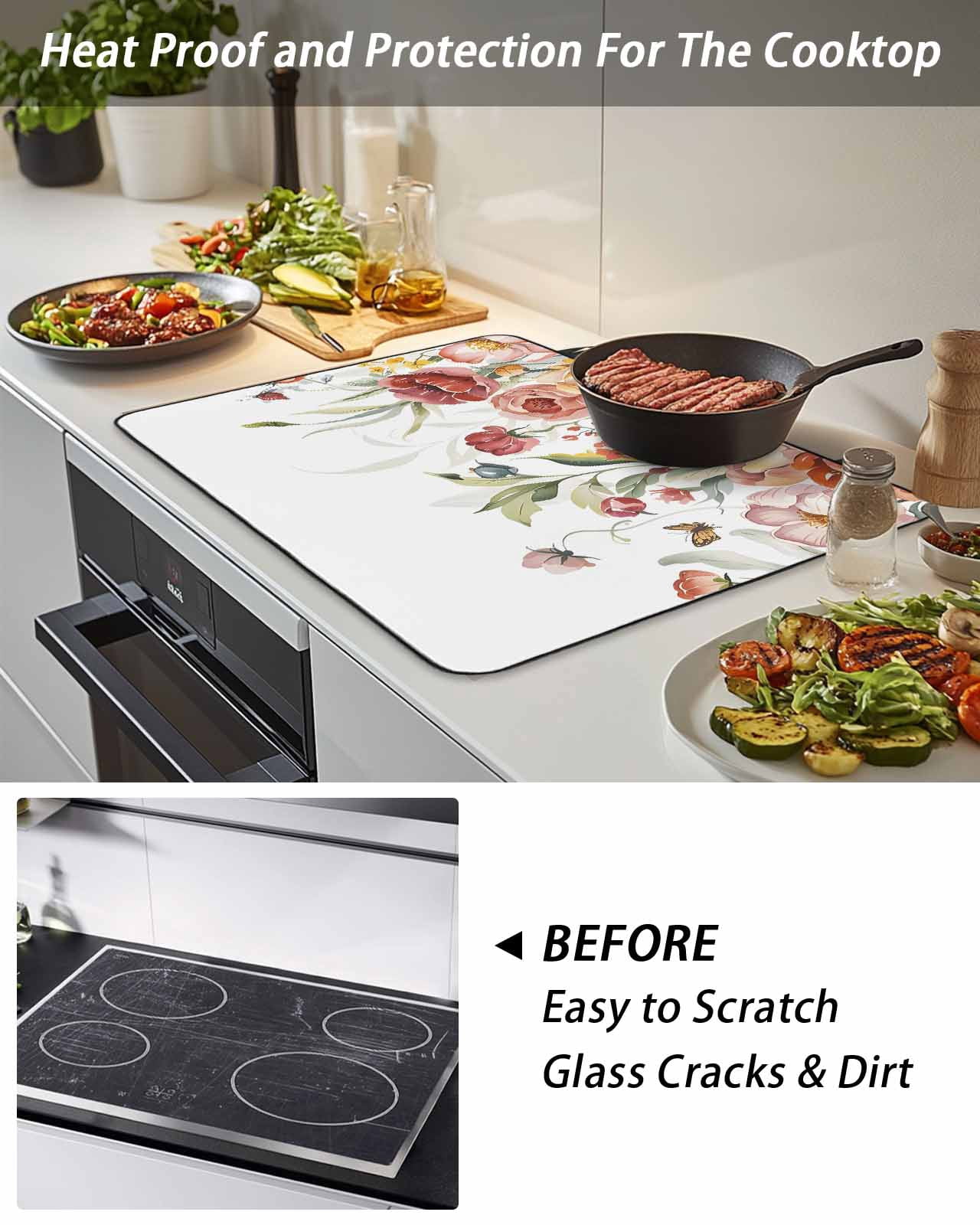 Stove Top Covers for Electric Stove, Pink Floral Glass Stovetop Cover Protector, Spring Pastoral Botanical Wildflowers Leaves Induction Cooktop Protector Oven Mat for Kitchen Countertop 31"x24"