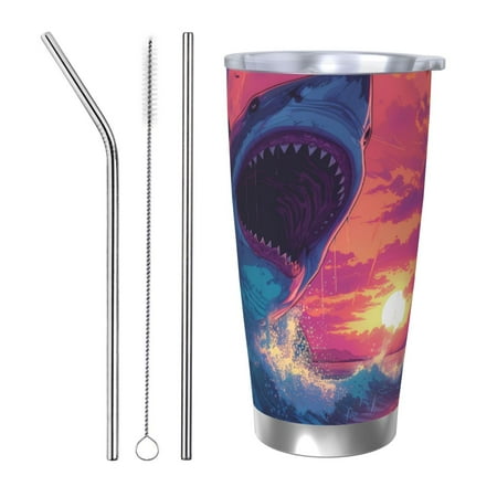 

Bingfone Hawaiian Island Beach Shark for 20 Oz Stainless Steel Travel Mug Double Wall Water Coffee Cup for Home Office Outdoor Works Great for Ice Drinks and Hot Beverage-Straw Three-piece Set