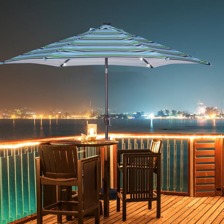 8.7 FT Patio Umbrella Outdoor Solar Umbrella LED Market Umbrella Tent with  24 LED Lights for Backyard and Pool, Tilt and Crank Canopy Table Umbrellas  for Garden and Deck, Blue Striped - Walmart.com
