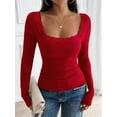 thumbnail image 4 of Womens Long Sleeve Shirts Square Neck Ribbed Knit Crop Tops Fall Outfits Fashion Clothes Red L, 4 of 8