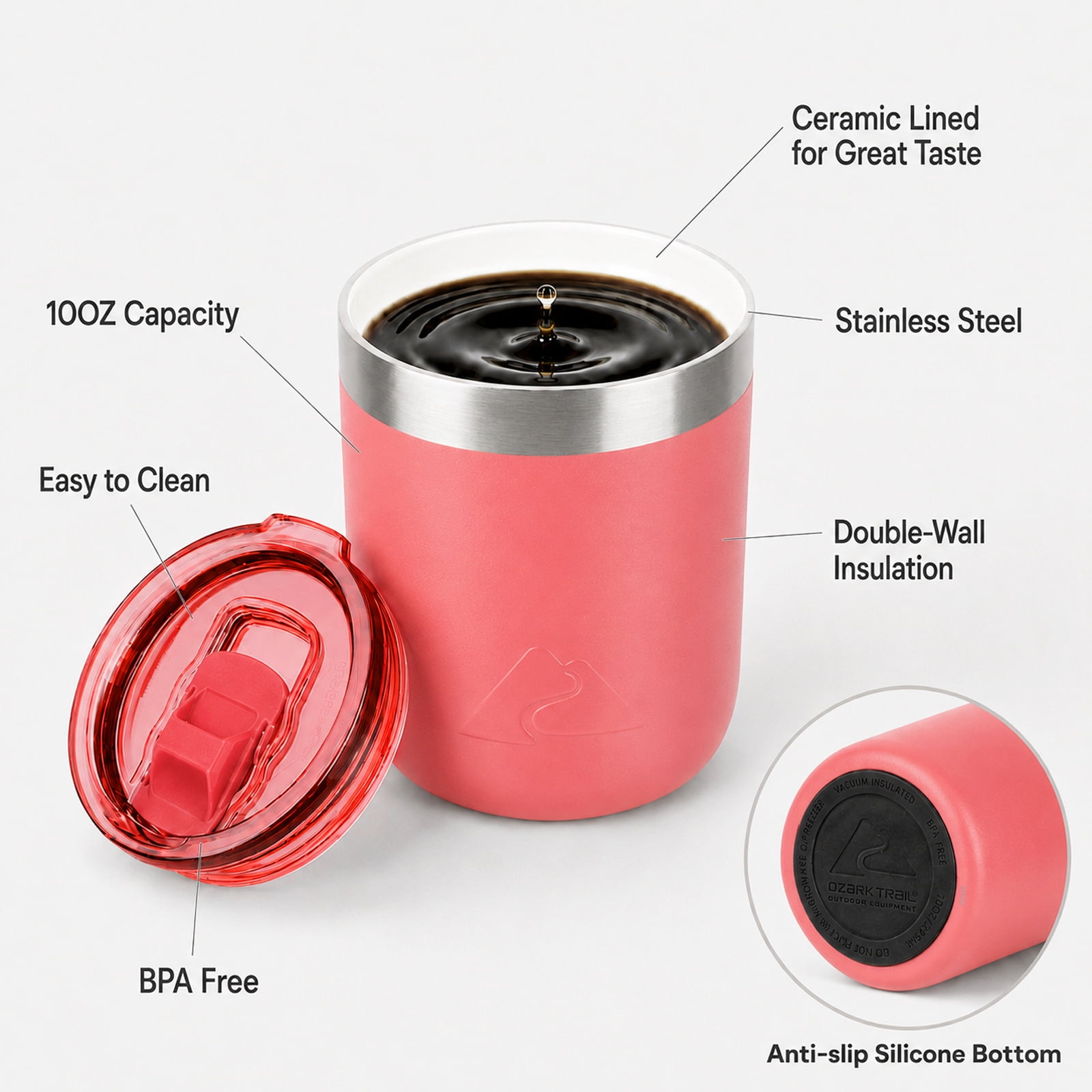 Ozark Trail 10oz Ceramic Lined Stainless Steel Lowball Tumbler with Magnetic Tritan Transparent Slider Lid, Coral