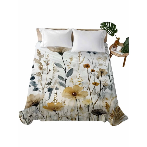 Queen Flat Sheet 90"x102", Watercolor Botanical Floral Soft Lightweight Bedding Flat Sheets Only, Farmhouse Garden Brushed Microfiber Top Bed Sheet, Breathable StainResistant Bedsheets