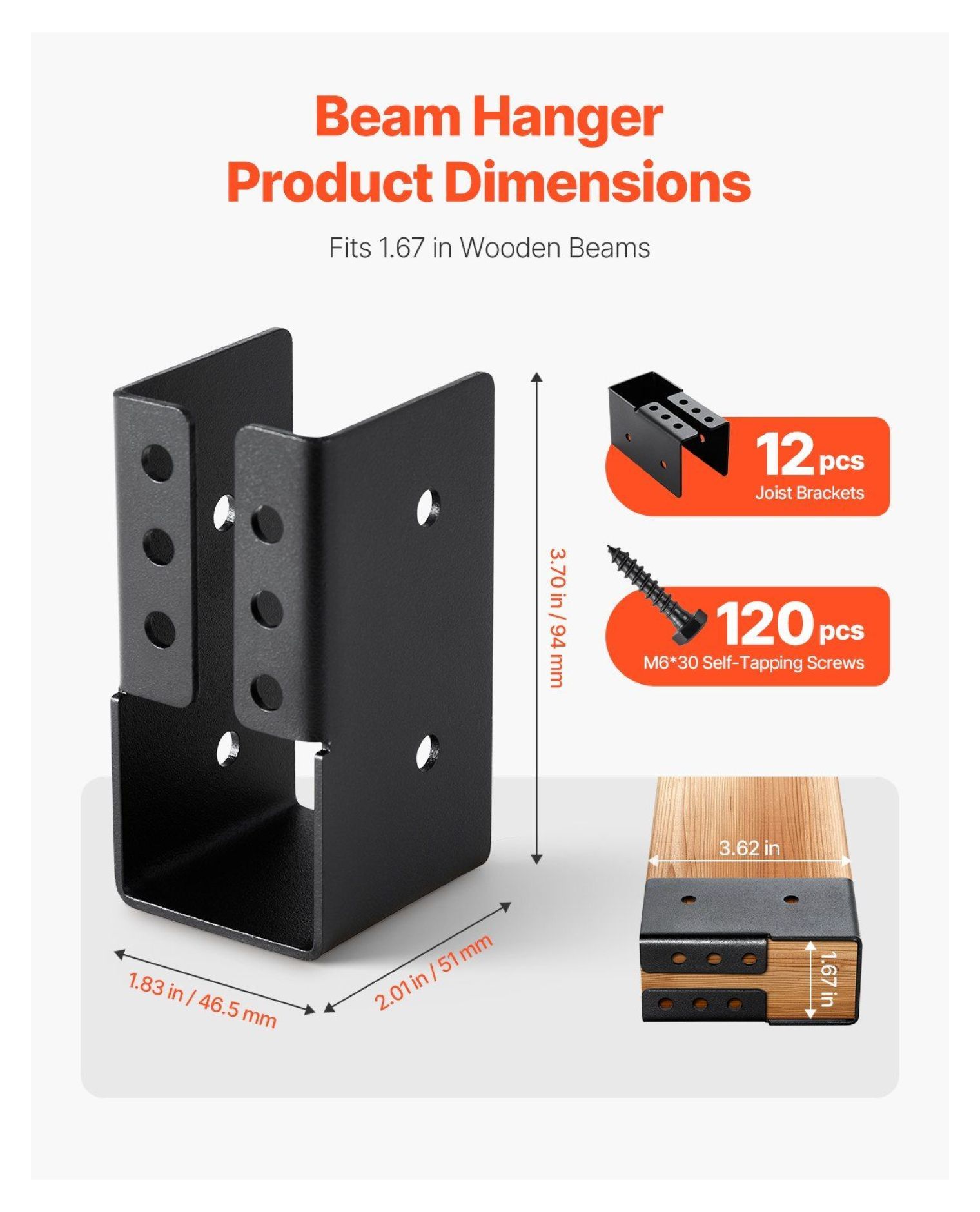 Joist Hangers 2x4 - 12 Pack, Concealed Flange Beam Hangers 1.93x3.62 Inch, Heavy Duty Steel for Sheds, Swings, Playground - Black Coated