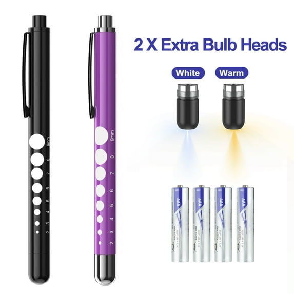 CAVN 2 Pack Pen Lights for Nurses with Pupil Gauge Medical Copper Penlights,Warm/White Light