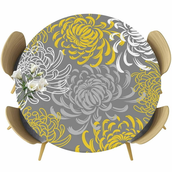 Yellow Gray Floral Round Tablecloth 45-54 Inch Round Fitted Table Cloth with Elastic Edge, Farmhouse Retro Abstract Flowers Art Waterproof Table Cover Protector for Outdoor Picnic Party Dining